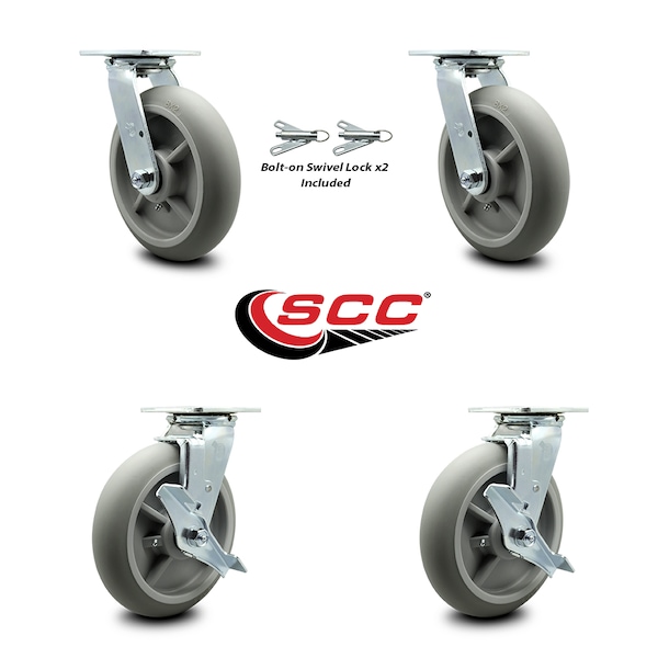 Service Caster 8 Inch Thermoplastic Rubber Caster Set with Ball Bearings 2 Swivel Lock 2 Brake SCC-30CS820-TPRBD-BSL-2-TLB-2 - main